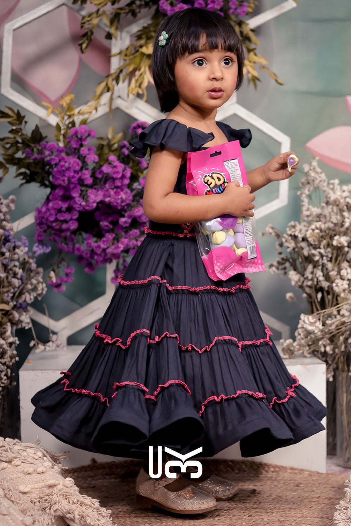 Baby Cotton Black Ruffle Midi Dress
