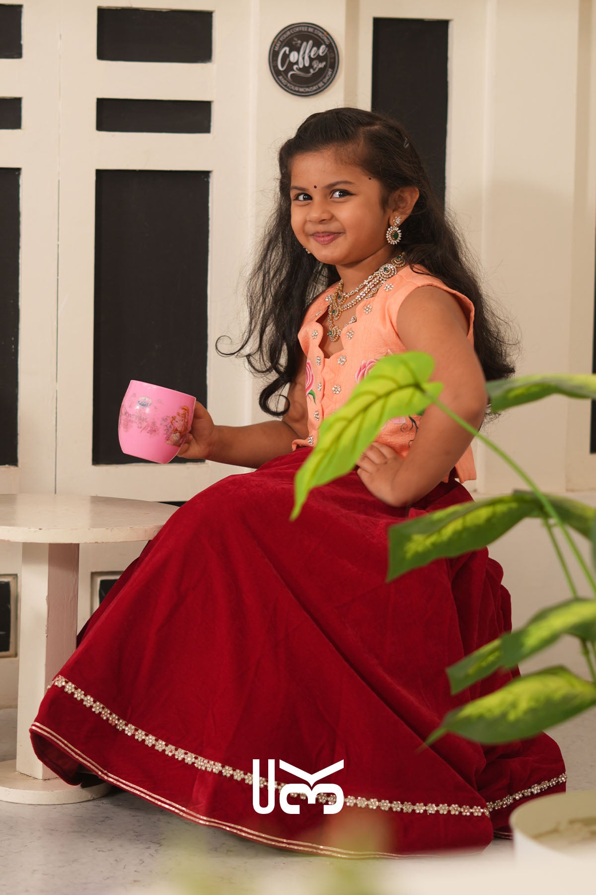 Baby Scarlet Rose Velvet Lehenga Set