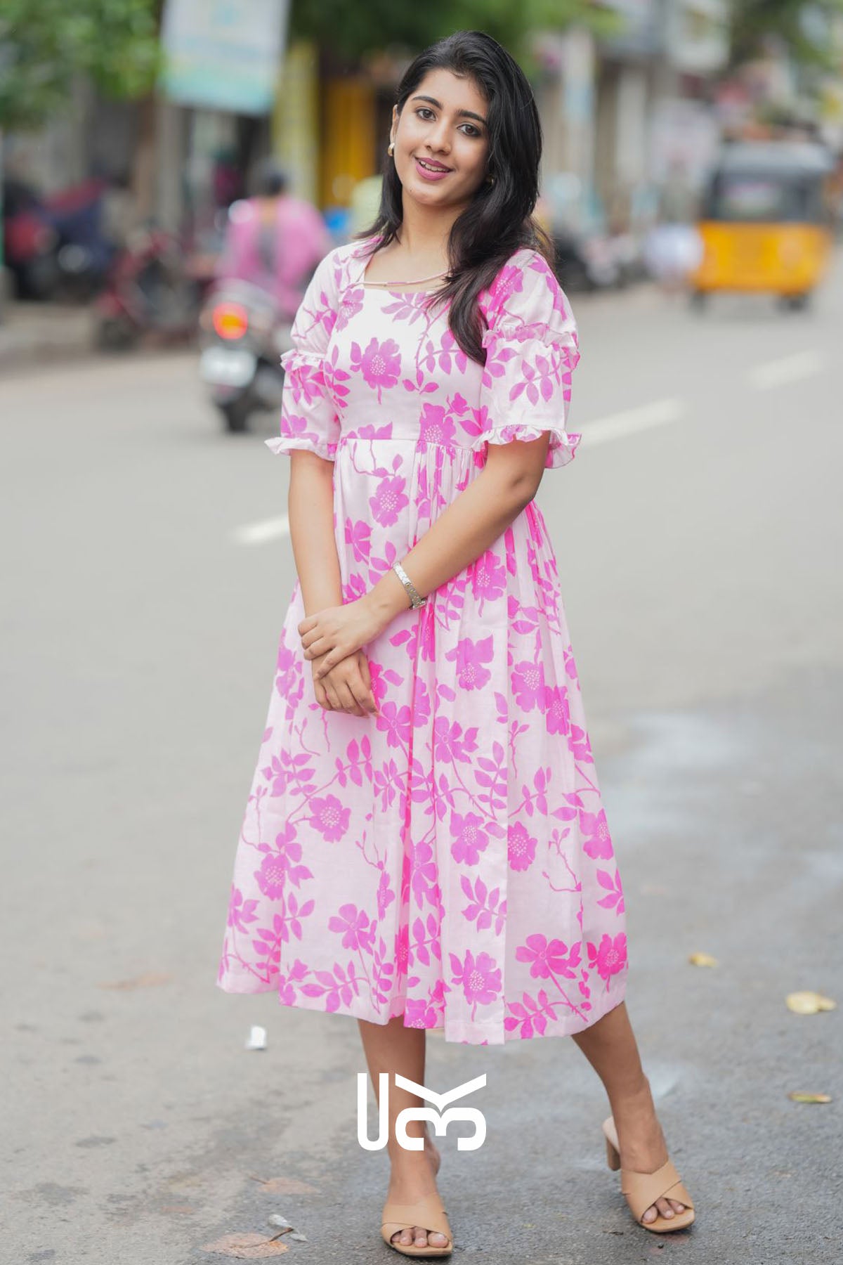 Polly Pink Cotton Floral Midi Dress