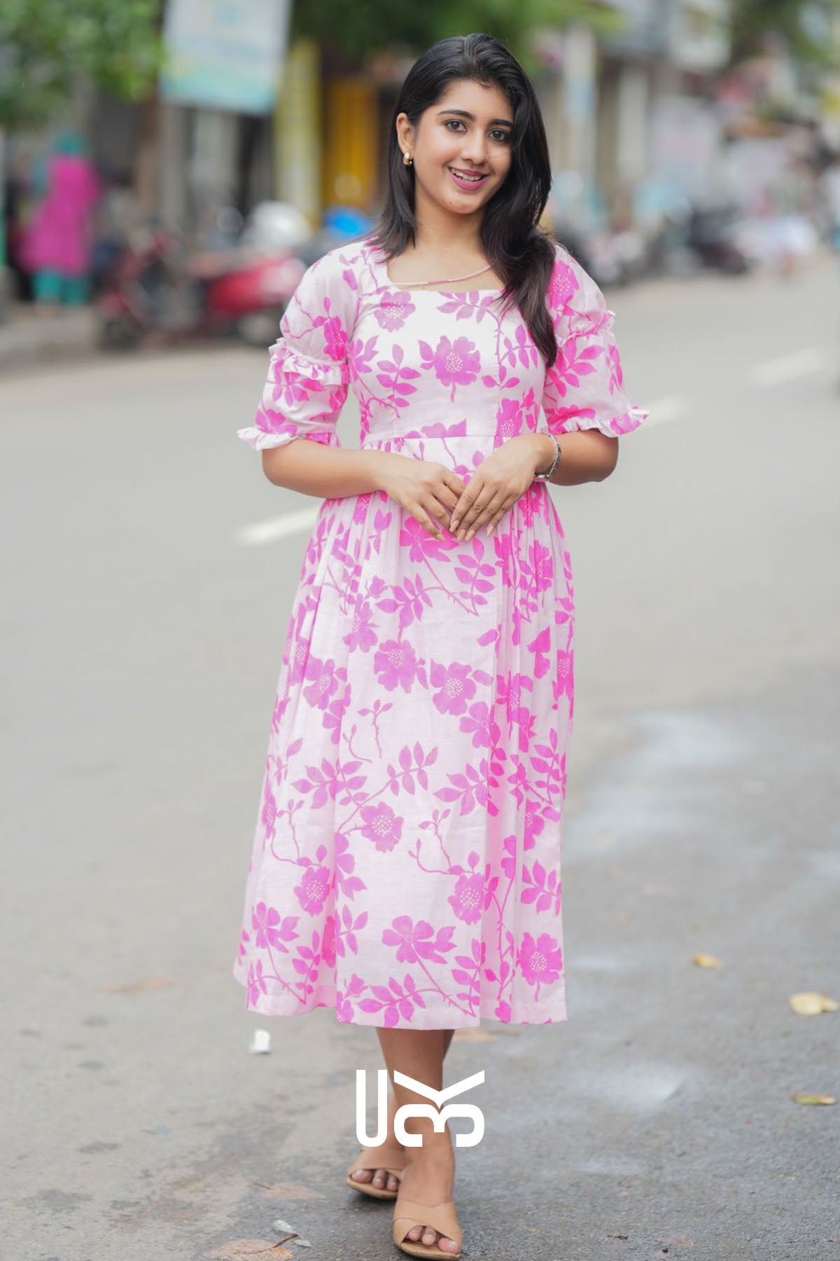 Polly Pink Cotton Floral Midi Dress