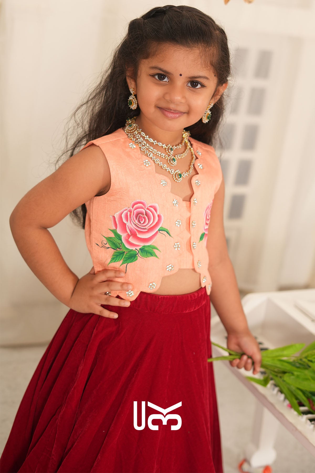 Baby Scarlet Rose Velvet Lehenga Set