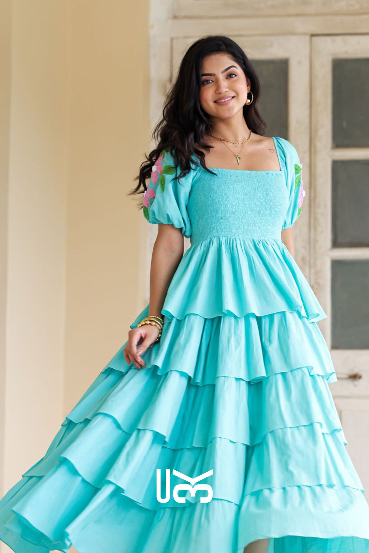 Lagoon Layers Aqua Cotton Maxi Dress