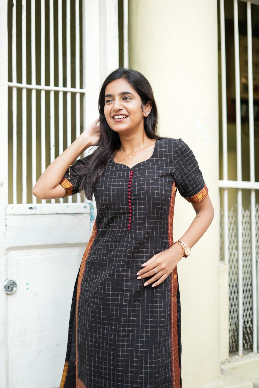 Tara | Handloom Cotton Charcoal Black Kurta Set with Kalamkari Pant for Daily Wear