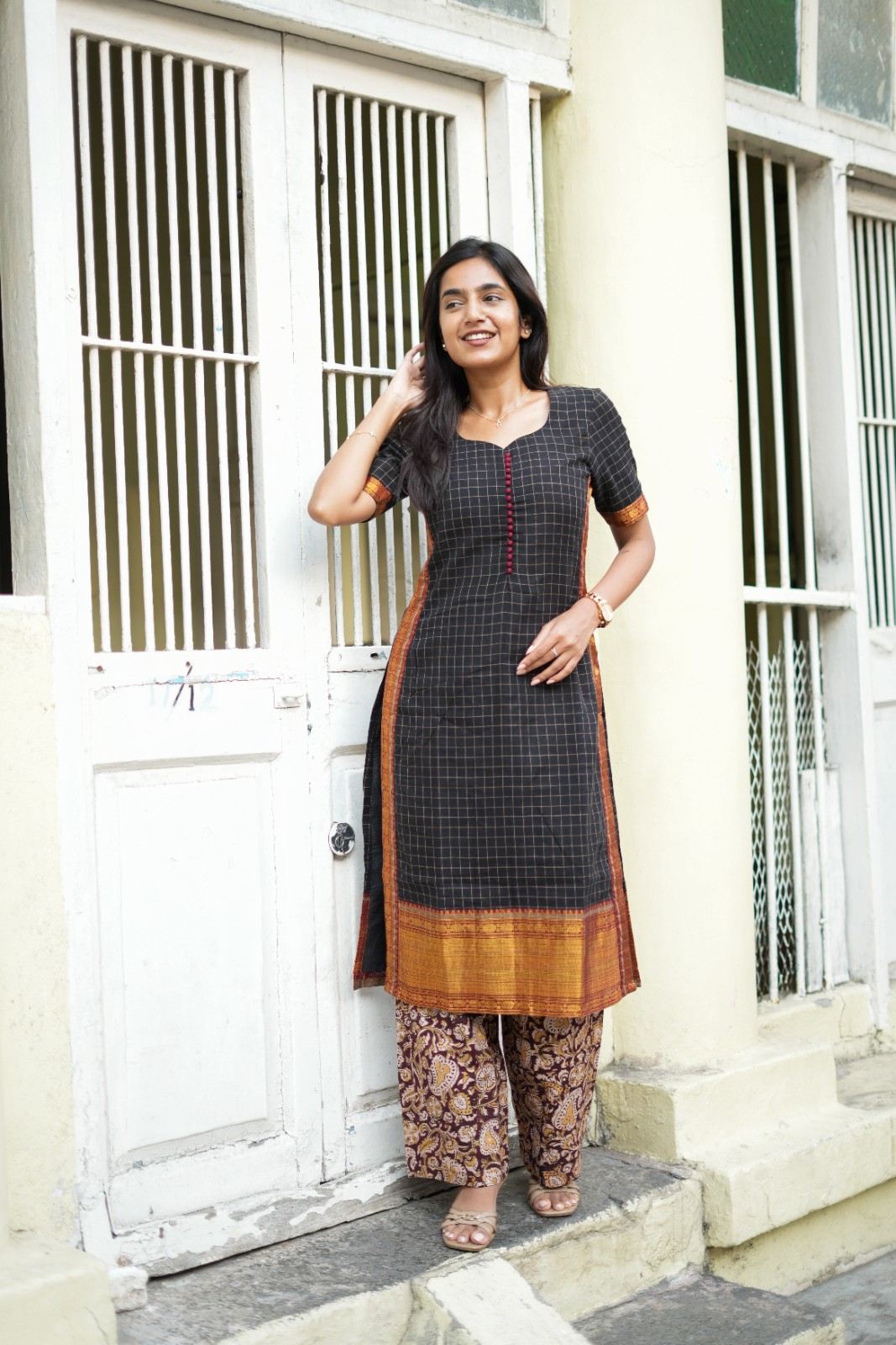 Tara | Handloom Cotton Charcoal Black Kurta Set with Kalamkari Pant for Daily Wear