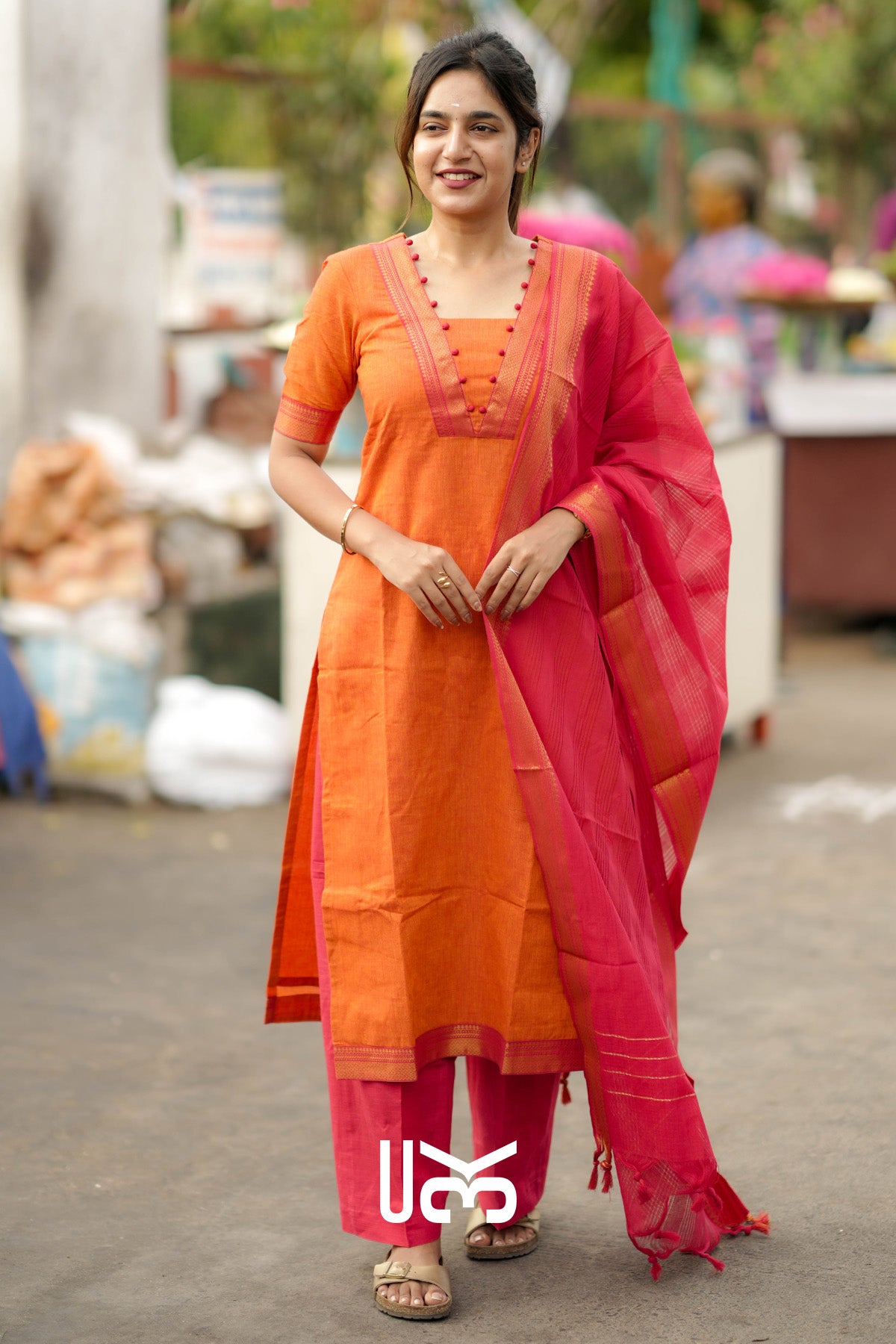 Pranika Handloom Kurta Set in Orange