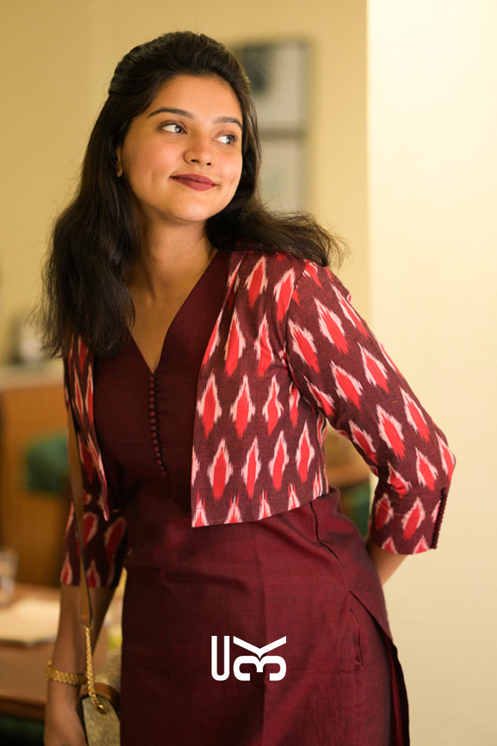 Garnet Handloom Kurta Jacket Set