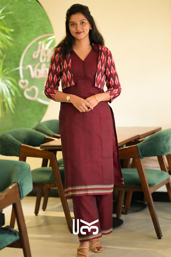 Garnet Handloom Kurta Jacket Set