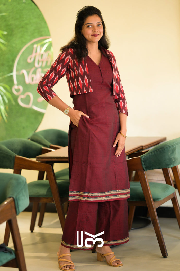 Garnet Handloom Kurta Jacket Set