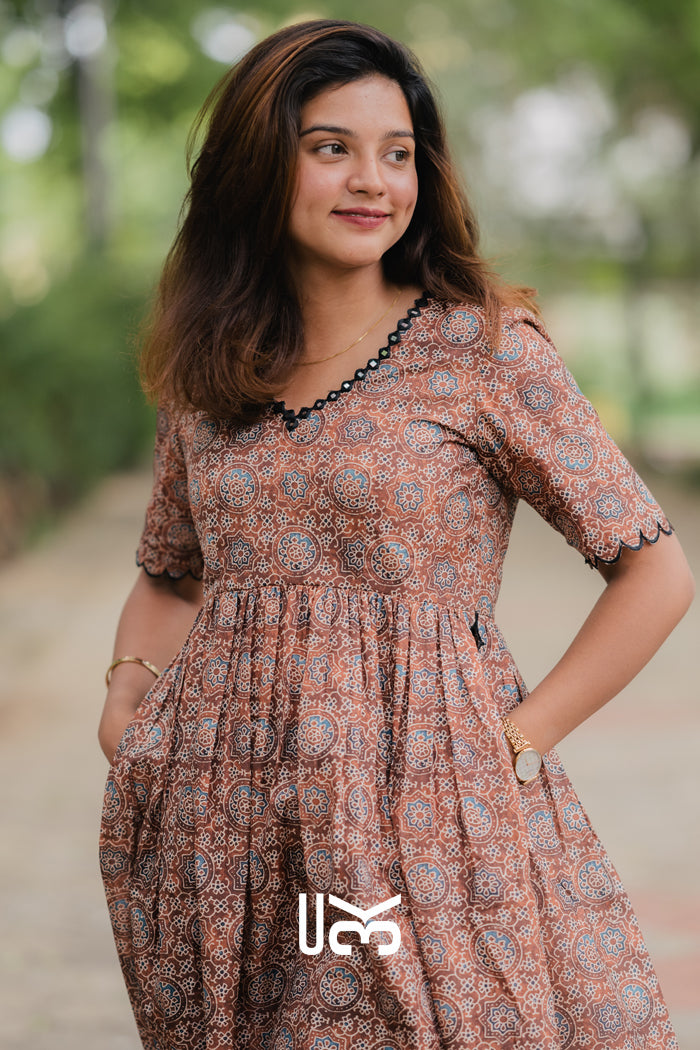 Laila Ajrakh Kurta Set in Brown