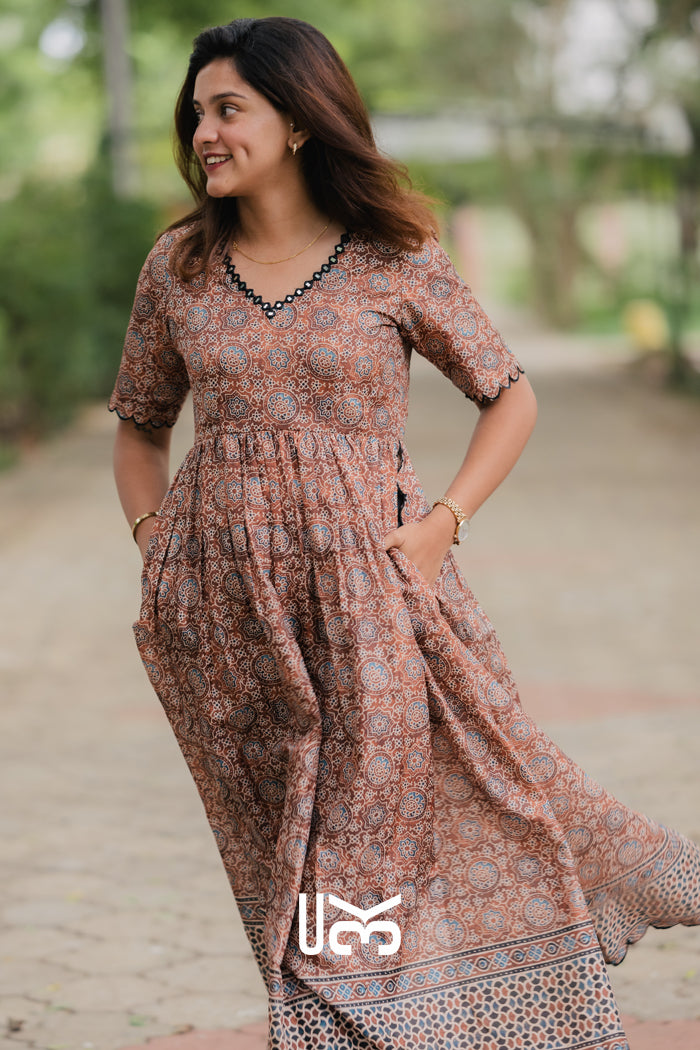 Laila Ajrakh Kurta Set in Brown