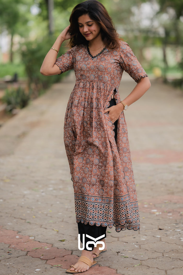 Laila Ajrakh Kurta Set in Brown
