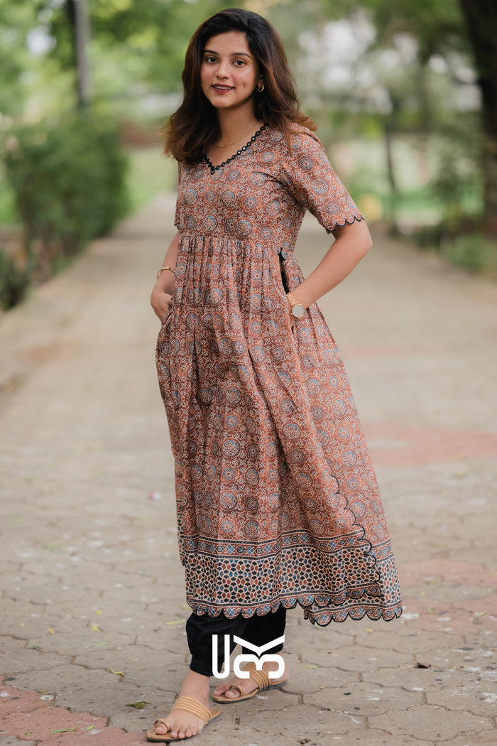 Laila Ajrakh Kurta Set in Brown