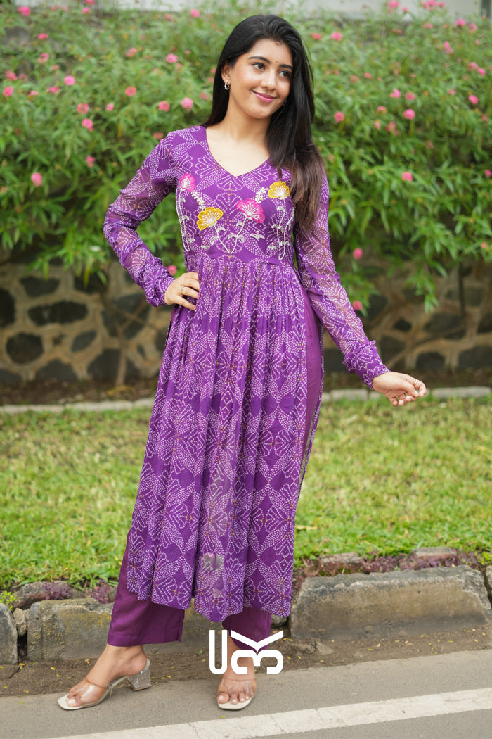 Panna Bandhej Kurta Set in Purple
