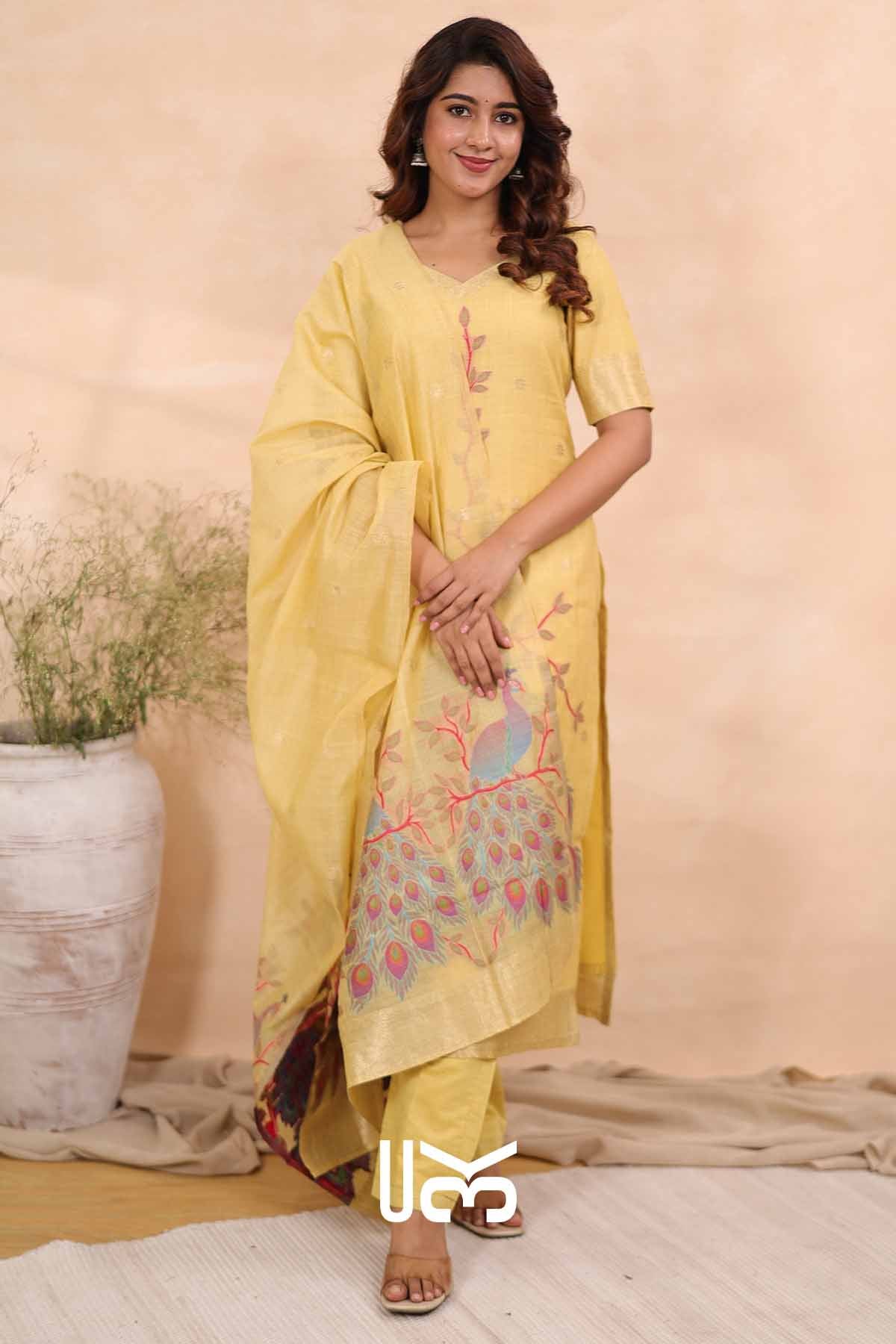 Regal Feathers|Yellow Jamdani Munga Silk Kurta Set