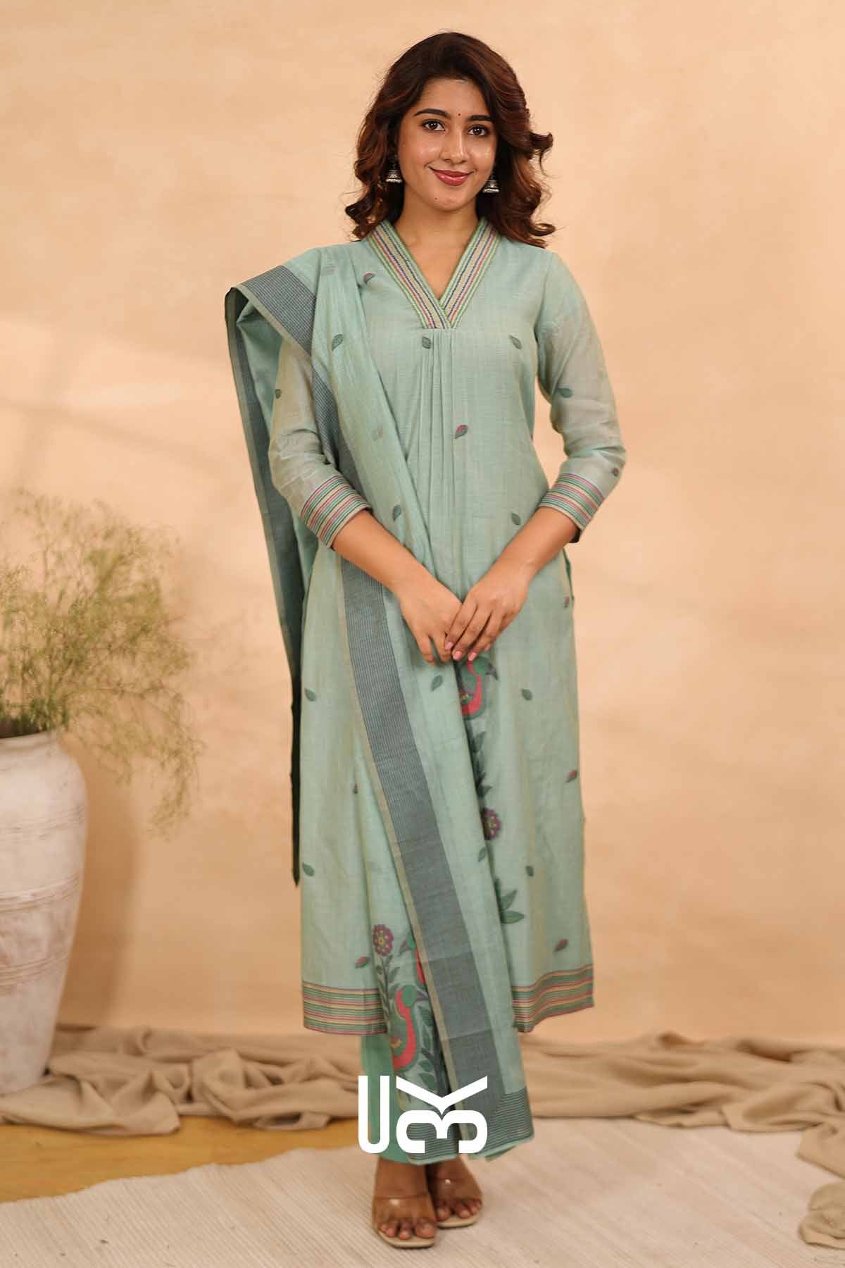 Pankhuri|Sea Green Jamdani Muga Silk Kurta Set