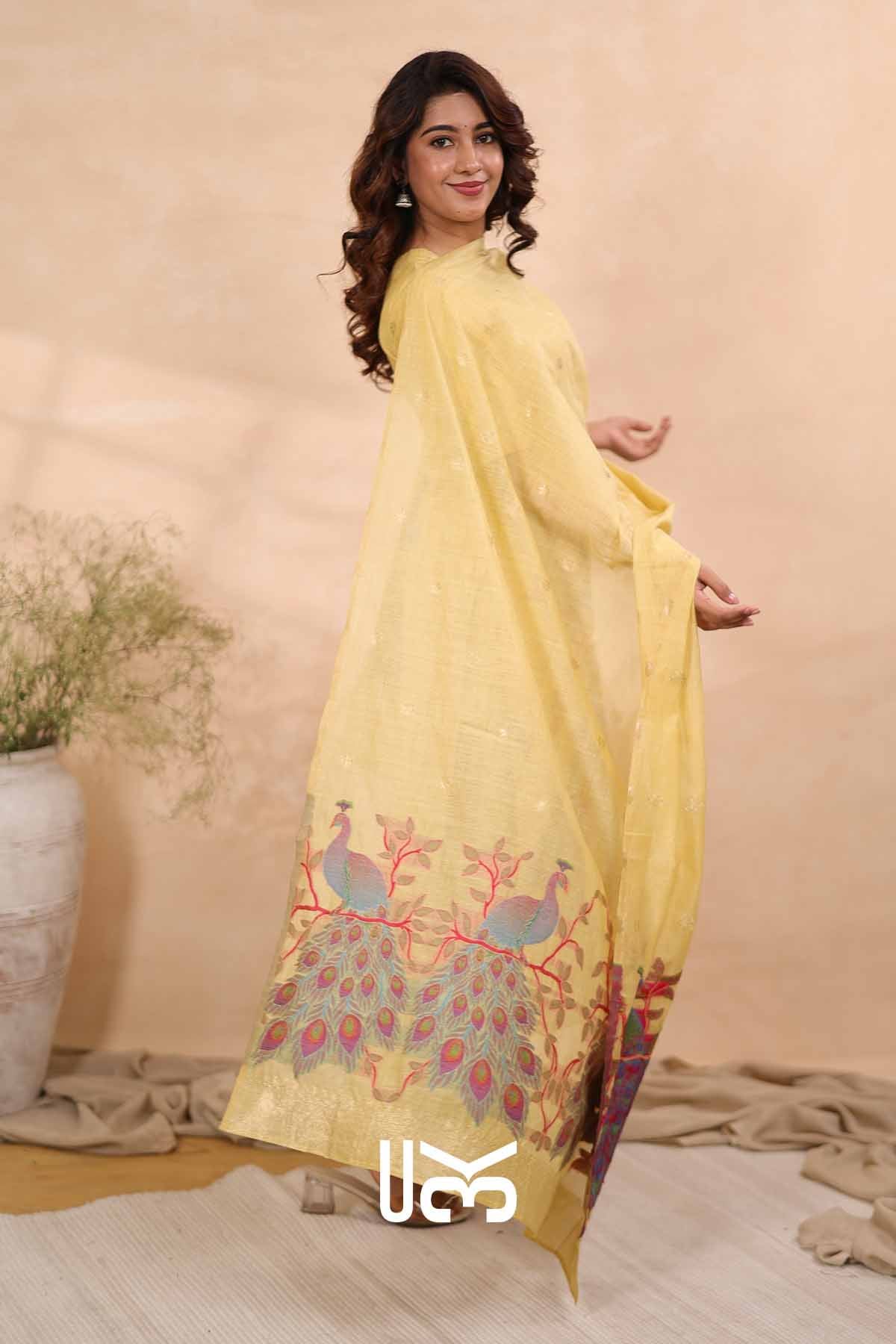 Regal Feathers|Yellow Jamdani Munga Silk Kurta Set