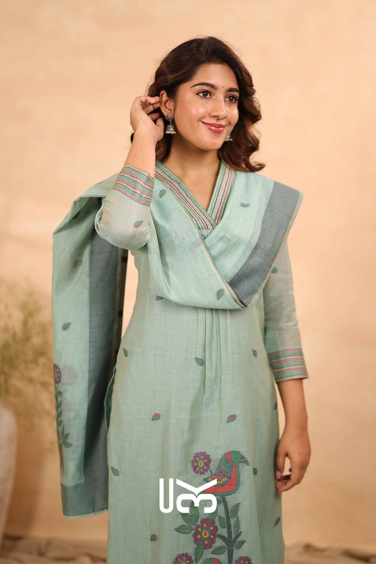 Pankhuri|Sea Green Jamdani Muga Silk Kurta Set
