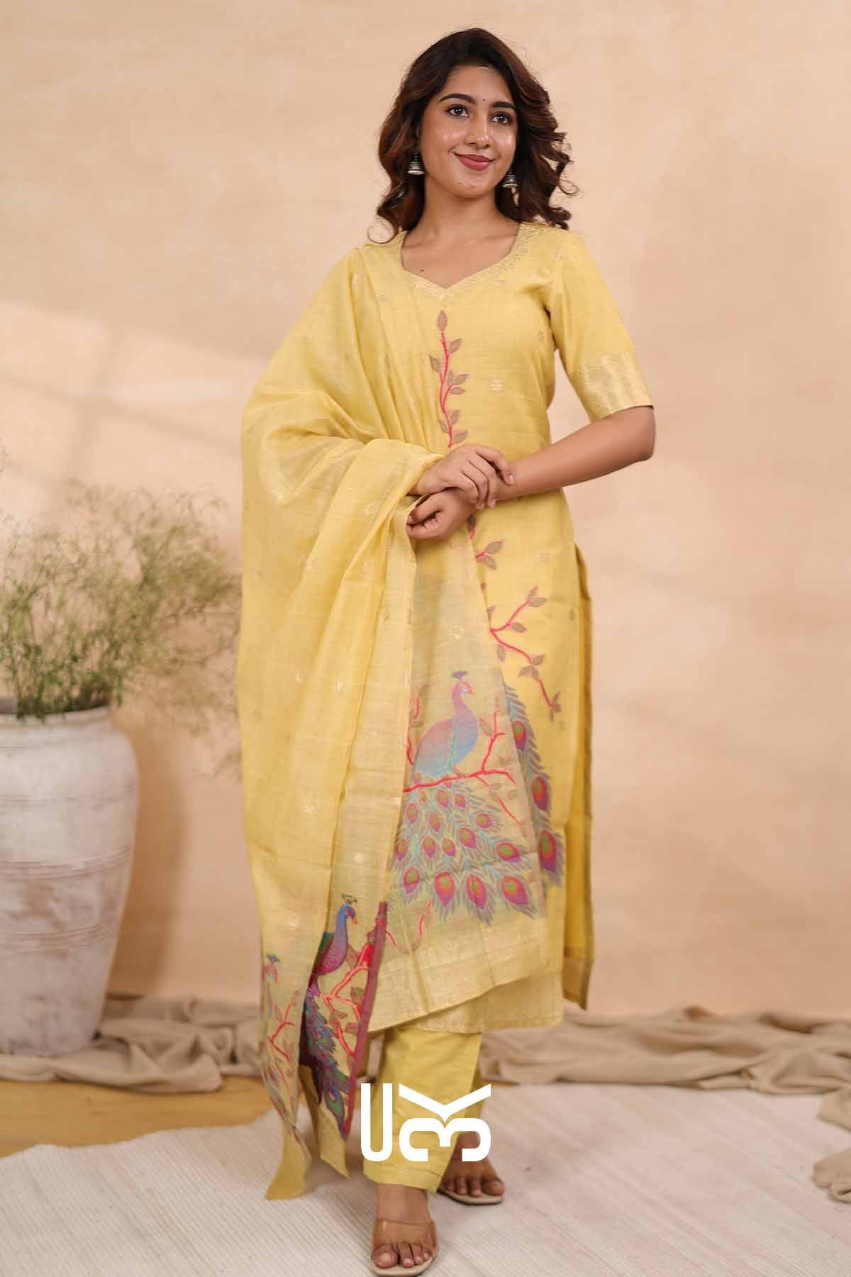Regal Feathers|Yellow Jamdani Munga Silk Kurta Set