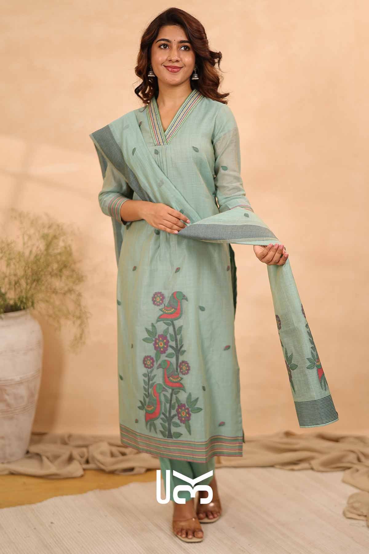 Pankhuri|Sea Green Jamdani Muga Silk Kurta Set