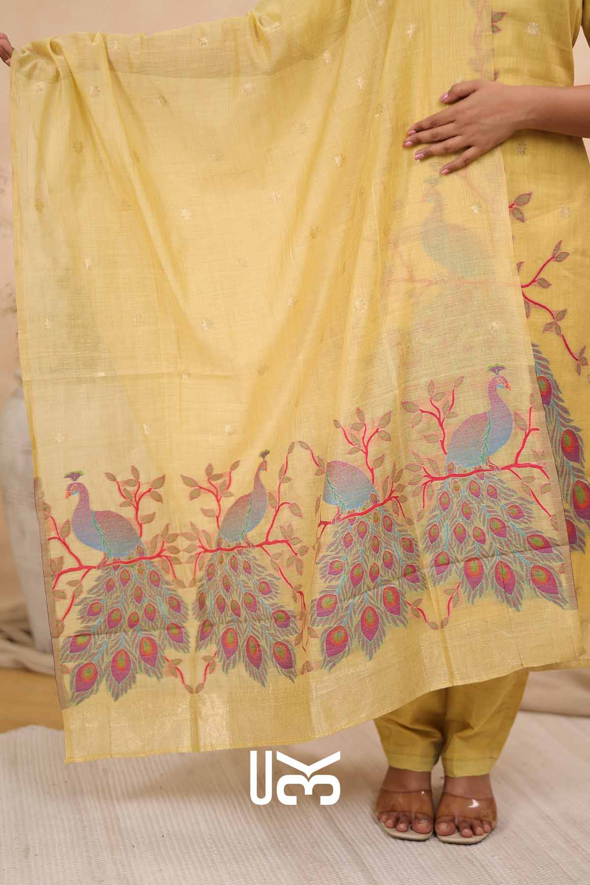 Regal Feathers|Yellow Jamdani Munga Silk Kurta Set