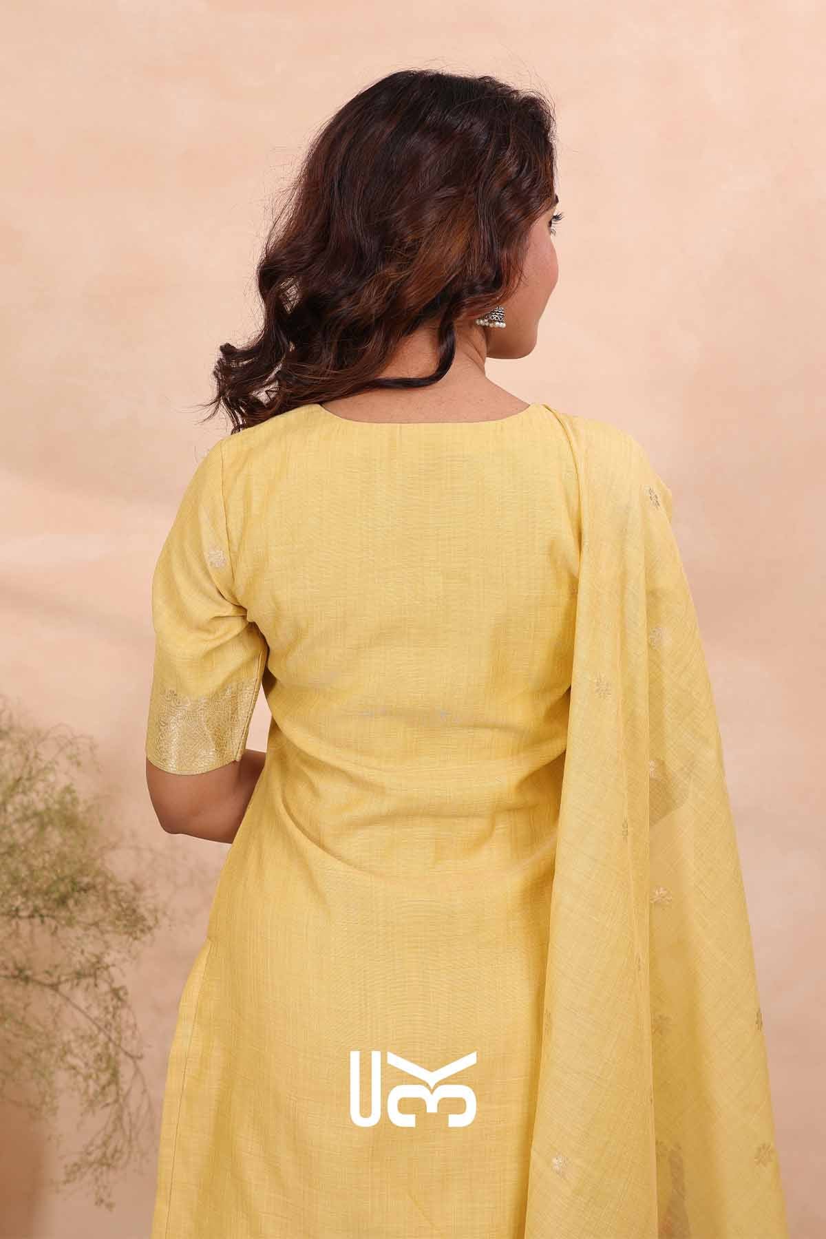 Regal Feathers|Yellow Jamdani Munga Silk Kurta Set