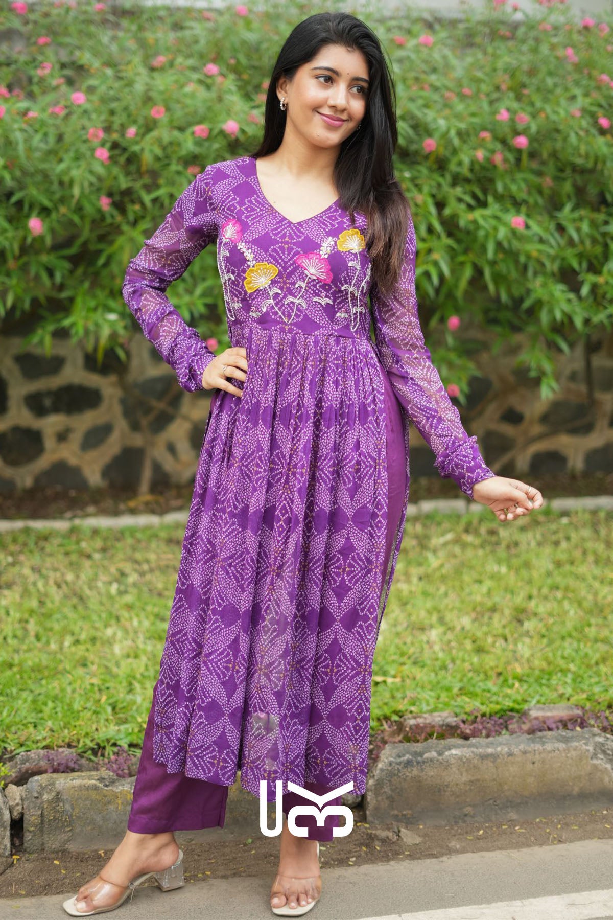 Panna Bandhej Kurta Set in Purple