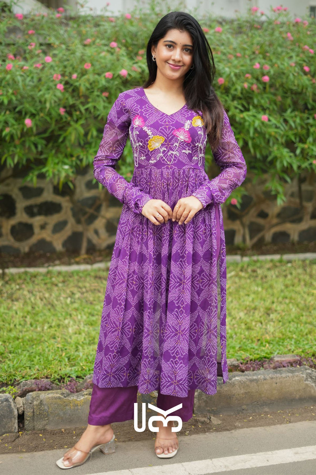 Panna Bandhej Kurta Set in Purple
